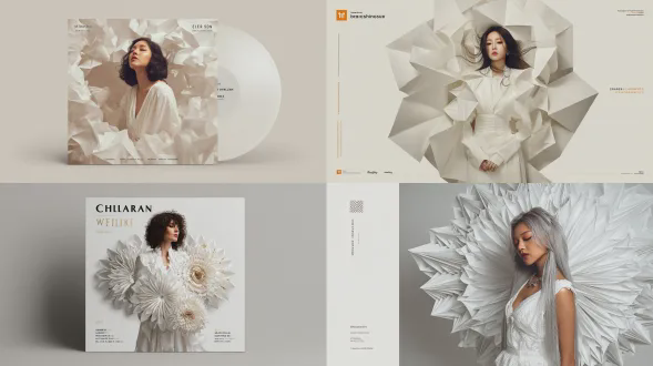 专辑封面设计以女歌手为特色。视觉特征：• 歌手被大型折纸艺术环绕。• 纸张折痕清晰可辨，类似于“折叠空间”或“多维入口”。艺术灵感：• 使用极简的白色或象牙色，使歌手成为视觉中心。• 传达出实验性和高端品质，高清