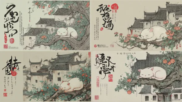 一只可爱的白色猫咪慵懒地躺在一棵古老树木的扭曲树枝上，周围有郁郁葱葱的绿叶和一簇簇橙色的花朵。背景中有具有深灰色瓦片屋顶和白色墙壁的传统中式建筑，带有亚洲美学风格，呈现出简约主义特点