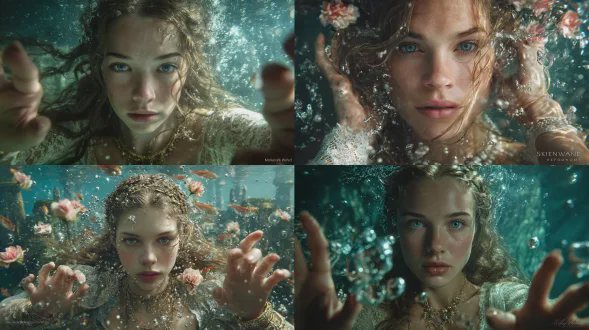 超写实水下肖像，描绘一位斯拉夫年轻女性舞者，长而微卷的浅棕色头发在水中飘动，浅蓝色眼睛，苍白冷峻的皮肤，跳着富有表现力的当代“灵魂之舞”，周围漂浮着水生花卉，背景是一座废弃的古老水下城堡废墟，她活动的双手周围有许多小气泡，佩戴着优雅的巴洛克风格珠宝和蕾丝裙，背景中有美丽的鱼游动，戏剧性的电影化水下灯光，她的脸部和身体上有腐蚀般的光影图案，忧郁的蓝绿色调，带有冷漠、自恋的情绪，感觉被困在自己的世界里却又想逃离，超细节的自然面部，专业水下摄影，在水箱中用电影摄像机拍摄，面部对焦清晰，无变形，无瑕疵，逼真写实