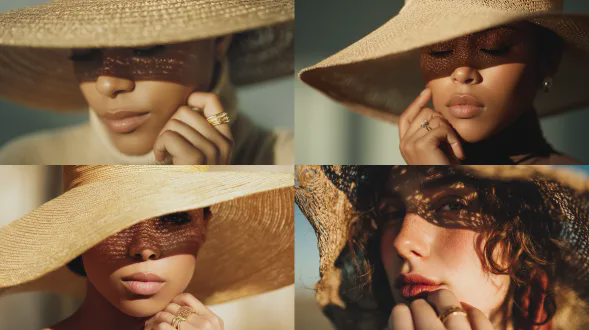 一位戴着优雅草帽的年轻女子正站在镜头正前方，头部微微低下，帽子遮住她的眼睛，一只手举到下巴水平，轻握拳，展示戒指，时尚风格的服装，没有额外细节，肖像角度拍摄，温暖的阳光在脸上投射出帽子的阴影，超写实，使用arri alexa 65相机，8k分辨率