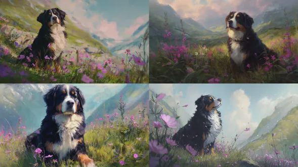 "可爱小伯恩山犬背坐山坡，青草茂盛，远处山峦，浅粉紫色花朵环绕，油画风格，晴朗天空，柔光照射，微风拂毛，宁静神情，温暖色调，梦幻氛围，广角镜头，自然光，低饱和度，柔和阴影，蓬松毛发细节，写实与印象派结合，宁静平和，午后阳光，微风吹动花瓣，温暖治愈"