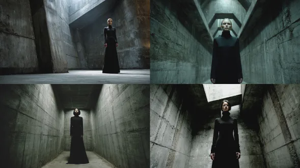 "女性站立于粗野主义工业隧道，混凝土墙面纹理粗糙，几何线条强烈，身着简约高领黑色长裙，冷峻表情，环境阴郁，戏剧性顶光，深色调，高对比度，广角镜头，低饱和度，孤独氛围，超现实感，静态姿势，空间纵深感，工业美学，硬阴影，未来主义风格。"