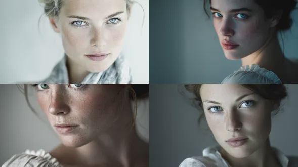 年轻女性肖像，穿透性浅蓝色眼睛，柔光照明，中性背景，极简构图，高分辨率，浅景深，85mm定焦镜头，冷色调，细腻皮肤纹理，优雅颈线，微侧脸，自然光与补光灯结合，眼神深邃，艺术感光影，高级感灰调，丝绸质感服饰，低饱和度，情绪静谧。