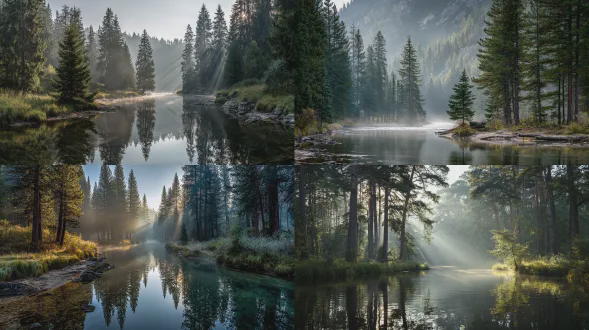 松林边缘河流，神圣光束穿透雾气，晨光柔和，高耸松树，倒影水面，自然静谧，广角镜头，低角度，高动态范围，冷色调，薄雾缭绕，光线散射，细节丰富，远景层次感，宁静氛围，16:9宽画幅，f/11光圈，偏光镜，三脚架稳定