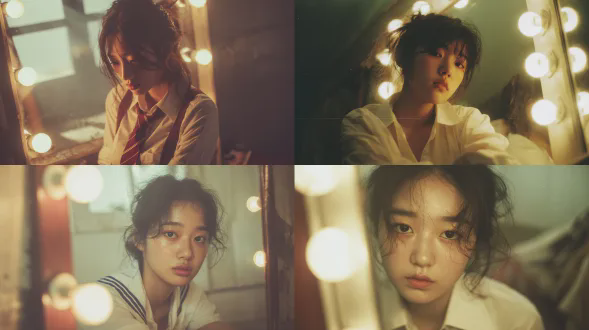 "美丽韩国年轻女子，凌乱深色头发，穿着宽松校服衬衫，袖口卷起，领口微开，坐在镜前灯泡环绕，柔和对焦，暖色调朦胧色彩，老式宝丽来风格，略高角度拍摄，镜面反光突显沉思表情，校服线条柔和，宝丽来白边轻微泛黄，怀旧氛围，侧光，柔焦镜头，暖色温，自然光，复古滤镜，方形构图。"