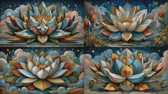 电影剧照大鱼海棠，粉红色星云中漂浮着巨大的水晶莲花，闪闪发光的星尘，彩虹般的花瓣，宇宙背景，梦幻般的粉彩，微距摄影，细节丰富