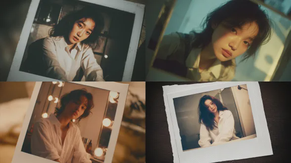 a stunning, square-format polaroid with an intimate, behind-the-scenes atmosphere, featuring a beautiful young korean woman with tousled dark hair. she is wearing a relaxed school uniform shirt, with the sleeves pushed up and the collar unbuttoned, as she sits in front of a mirror with lightbulbs. the image has the signature soft focus and warm, hazy colors of an old polaroid. the shot is captured from a slightly elevated angle, with the reflective light from the mirror highlighting her contemplative expression and the soft lines of her uniform. the white border of the polaroid is slightly discolored with age.