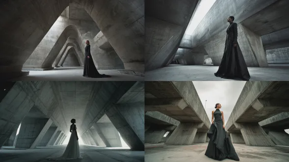 一位优雅女性站在粗野主义工业隧道中，身着流动丝绸长裙与混凝土环境形成对比，冷色调，隧道纵深构图，广角镜头，戏剧性顶光，柔和的阴影，高质感细节，低饱和度，忧郁而神秘，工业与艺术的碰撞，静态姿势，凝视远方。