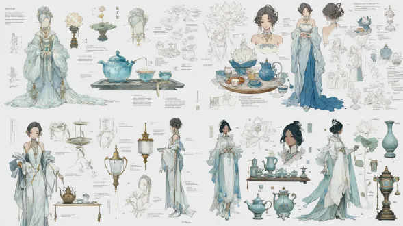 人设设计超详细草图，背景白色，妙玉姿容清冷，披冰蓝轻帛，珠链盈盈生辉，茶席布置与莲灯结构逐项标注并配英文说明，多角度草图记录她煮茶时的优雅动作，水彩表现莲灯微光，水墨刻画端庄脸庞，cg强化雪夜静谧，暗黑美学与禅意结合，细节极致