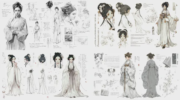 人设设计超详细草图，背景白色，林黛玉身着月白纱裙，眉如远山、眼含秋水，自携绣帕轻拭泪痕，服饰和发簪被完整拆解标尺标注，并附英文结构说明，多角度图稿描绘她在落花庭院回眸的一瞬，水彩晕染花瓣飘坠，水墨勾勒淡雅骨相，cg渲染强调眼神的清冷与柔弱，结合暗黑美学与国风玄幻，极致细节。