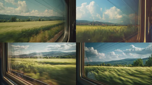 行驶中的火车车窗，窗外田园风光，绿色麦田，远处小山，蓝天白云，车窗反射光影，复古胶片质感，35mm镜头，自然光，逆光拍摄，轻微模糊，动态模糊效果，怀旧色调，温暖阳光，宁静感，旅行氛围