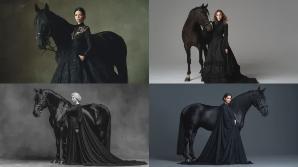 一位身着黑色服饰的女子立于一匹优雅骏马旁，背景为灰色的全身肖像照。画面具高端时尚品牌广告摄影风格，有工作室灯光且色调柔和。主体自然姿态令相机捕捉其脸部与发丝细节，凸显服饰奢华感。