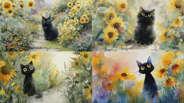 "一幅原创水彩画，可爱的黑猫端坐于向日葵盛放的英式花园中央，圆润体型，明亮琥珀色眼睛，俏皮歪头，花园布满深浅黄色向日葵，绿荫小径蜿蜒，柔和自然光，晕染笔触，清新淡雅色调，温馨治愈氛围"