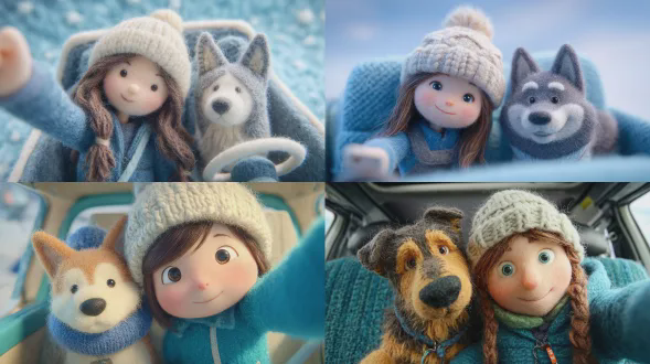 一位头戴白色针织帽、身着蓝色羽绒服连帽的女孩的自拍，后座吉普车内有一只可爱的德国牧羊犬。角色为女孩与牧羊犬，车内饰全由毛毡构成。全场景、角色及背景皆为毛毡制，具柔软质地、明亮柔和色彩与精细缝线。特写、正面视角，oc渲染，超精细3d 8k，氛围宁静迷人。