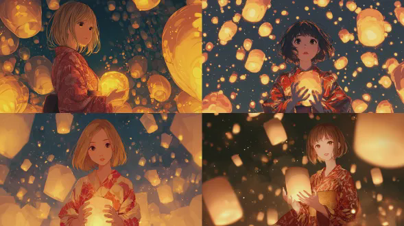 作者ask，日本插画与漫画风格，少女环绕漂浮的纸灯笼，灯光温暖，金色短发，红白相间的浴衣，双手捧着发光灯笼，宁静夜空背景，梦幻色调。
