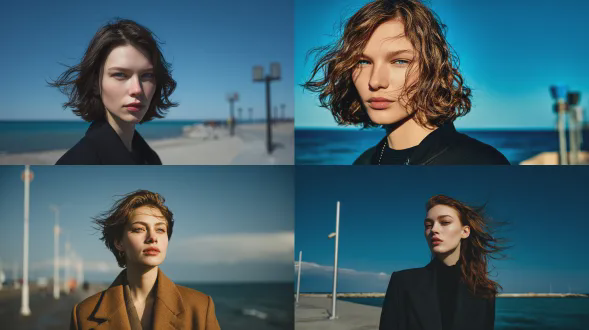 一位二十岁出头、有着斯拉夫长相的女孩的高级时尚编辑肖像，妆容柔和自然，微微湿润且带纹理的头发在风中飘动，展现出自信的中性表情；造型是简约的千禧年风格；采用中近景拍摄，构图居中，带有轻微仰角；柔和的定向光勾勒出颧骨，皮肤上有细微的光泽高光；立于有着深蓝色大海与浓郁饱和蓝天的超现实海滩，地平线清晰，弥漫着电影般的朦胧感；远处有高大简约的路灯柱或标识形状，契合未来感时尚大片氛围；美学呈现为精致的超写实主义，运用冰蓝色渐变色调，搭配大胆的色彩块，秉持安静的态度，具有巴黎世家/迪赛风格的大片能量；头发和衣物有细微的风动；由哈苏h6d相机搭配85mm f/1.4镜头拍摄，浅景深，是高端编辑摄影，细节清晰，营造出雕塑感与戏剧性的当代时尚写实氛围。