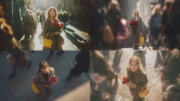 一位年轻女子立于繁忙城市街道，从高处视角拍摄，她抬头朝镜头投以温柔感性神情。一手持一束鲜艳红玫瑰，另一手拎着黄色手袋。身着长款暖格纹大衣与深色靴子，尽显秋冬都市风。侧洒柔和金色阳光，造梦幻镜头光晕与发丝柔和高光。周遭行人运动模糊，凸显她为场景平静中心。氛围具电影感、怀旧且带浪漫，浅景深、软阴影，色彩受经典欧街拍启发。