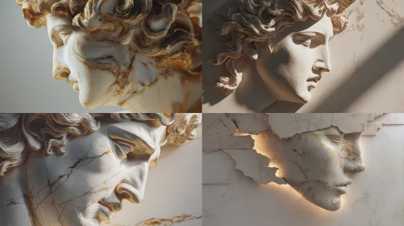 希腊神设计，3d浮雕风格，柔和led背光glow，温暖中性色调，极简奢华风格，现代优雅照明，超写实，高细节，8k，金色装饰，大理石纹理，柔和漫射光，优雅线条，神像侧面轮廓，深邃阴影，高级质感，中性背景，流畅曲线，柔和反射光，视觉冲击力，神圣氛围，细腻雕刻