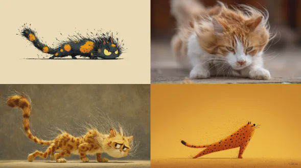 一只橙色斑纹猫抓挠地板，奋力抵御强风。风将它身体向后推， paws却稳植前方，呈拉伸姿态。毛发被吹得笔直后扬，双眼眯起，是诙谐的挣扎模样，无文字。