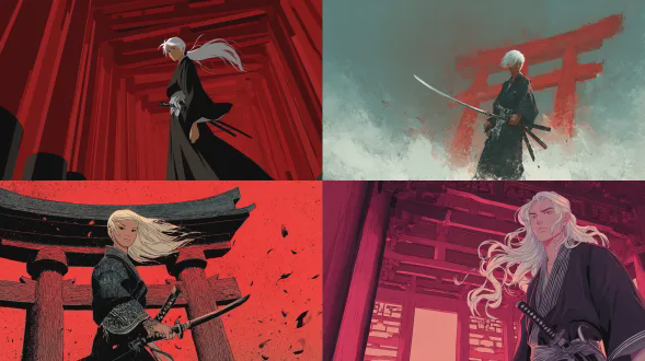 作者ask，日本插画与漫画风格，传统武士形象，白发飘逸，眼神沉稳，身着黑色和服配银色边线，立于红色鸟居前，手中刀略微出鞘，风动衣摆，画面具有电影般的张力。