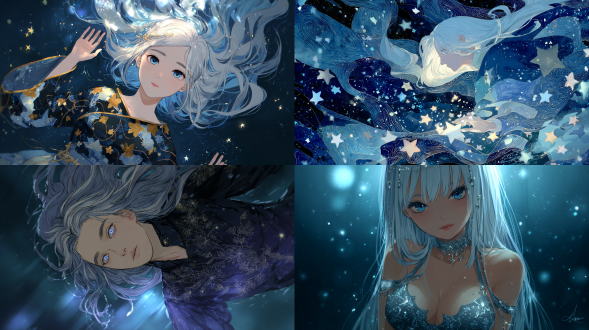 作者ask，日本插画与漫画风格，漂浮在星海中的巫女，双眼闪耀蓝光，银发披肩，星纹古袍，构图轻盈梦幻，柔焦质感渲染