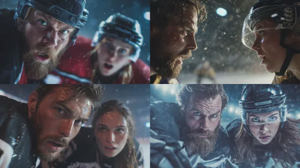 留着胡须的男人和棕色头发的女人穿着冰球服激烈对抗，电影级构图，动态捕捉，竞技场灯光，冷色调，特写镜头，汗水飞溅，紧张表情，金属护具反光，高速快门，冰面反光，浪漫与竞争交织，低角度拍摄，强烈对比，戏剧性光影，运动模糊，力量感，情感张力