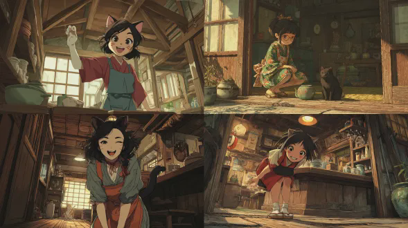 作者ask，日本插画与漫画风格，古茶屋中的猫灵女侍，木质内饰，光线温暖，短和服外加围裙，笑容俏皮，漫画式夸张表情，环境细节丰富