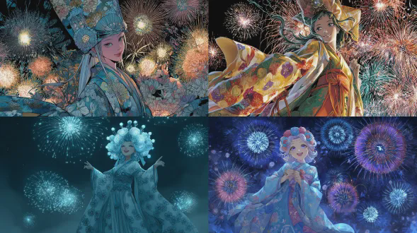 作者ask，日本插画与漫画风格，夜祭之中的花神，绚烂烟花背景，衣袍飘逸带花瓣纹样，笑容明媚，头饰繁复，魔幻现实风格