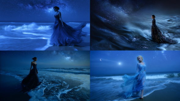 新月下漫步的celestial muse，梦境与潮汐交汇处，蓝宝石般的海浪，弹奏星辰旋律，月光与音乐交织，飘逸长裙闪耀星尘，神秘微笑，优雅手势，海浪随音符起伏，深蓝色调，柔焦镜头，长曝光，星光点缀，梦幻光影，空灵氛围，魔法光晕，广角视角，低角度拍摄，动态波浪，璀璨夜空，银河倒映
