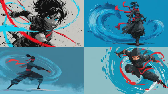 作者ask，日本插画与漫画风格，操控风刃的女忍者，背景极简，蓝色旋风特效，黑色忍装配红腰带，目光凌厉，姿势动态，光影对比强烈
