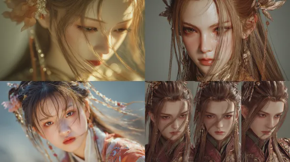 真人cosplay少女，冷峻忧郁，浅棕长发鲻鱼头，细长丹凤眼垂眸长睫毛，轻薄露肩古装中式发饰，迎风发丝细腻，极致超清特写，柔光暖色调高饱和，流体质感梦幻朦胧，极致厚涂细腻笔触，近距离人物互动，自然随和悲伤情绪，颗粒感复古，侧逆光，琉璃光泽，流线型笔刷，50mm定焦镜头，浅景深，电影级光影。