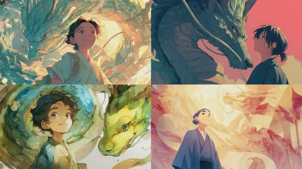 作者ask，日本插画与漫画风格，纸折龙盘旋飞舞在少年身旁，折纸质感鲜明立体，传统浴衣少年微笑仰望，明亮渐变背景，柔和与高光对比，幻想艺术气息，广角镜头，浅景深，温暖色调，动态线条，清新欢快，动漫光影。