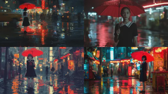 作者ask，日本插画与漫画风格，雨中的寂静街道少女，手持红伞，水洼反光，霓虹模糊闪烁，黑色制服配白色领口，充满情绪的电影感画面。