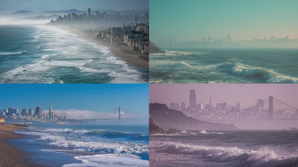 旧金山清晨，雾气缭绕，金门大桥在朦胧中若隐若现，海洋波光粼粼，城市天际线渐显，超现实主义风格，长焦镜头，低角度，冷色调，高动态范围，柔光，微风拂面，宁静感，逼真细节，4k分辨率，电影级质感