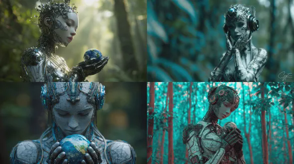 赛博朋克公主站立森林中央，黑白石纹皮肤，精致金属头饰，怀抱地球如婴儿，柔和坚定表情，莫比乌斯风格线条，克里斯式色彩，梦幻与科技融合，深邃蓝绿森林背景，逆光，柔焦，霓虹微光，超现实主义，细腻纹理，高对比冷暖色调，神秘宁静氛围。