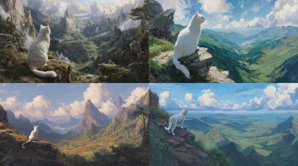 "白猫栖于古老山峦边缘，俯瞰红玫瑰山谷与青绿山峦，蓝天白云，猫尾轻摆，远眺，植被茂密，远峰矗立，逼真油画风，高分辨率，色彩写实，广角镜头，柔光，微风吹拂，宁静致远，自然和谐，细节丰富，温暖色调，层次分明，猫毛细腻，山峦壮丽，光影交错。"