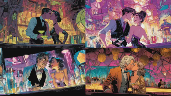 迈克·格雷尔插画风，调酒师与顾客亲吻，霓虹灯光，鸡尾酒吧，复古未来主义，高对比度，生动色彩，夸张比例，几何装饰，调酒师穿马甲戴领结，顾客穿亮片裙，迷离眼神，动态构图，广角镜头，戏剧性光影，欢快氛围，幽默感