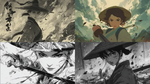 中式动漫美学，戴斗笠女性主角立于战场边缘，斗笠下冷酷眼神，紧握破损但锋利长剑，水墨风背景， swirling风云，强烈动感，紧张氛围，8k画质，高对比度，广角镜头，侧光，冷色调，戏剧性构图，锋利线条，动态模糊，细节丰富，凶猛表情，坚定姿态，传统服饰，战损效果，水墨渲染，史诗感。