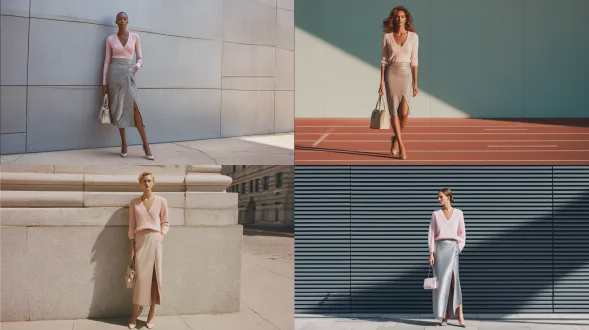 一位35岁的高加索裔美国模特穿着浅粉色v领针织上衣，搭配一条长及脚踝、枪灰色闪光的h型半身裙，裙摆有开叉。她穿着尖头鞋，提着一个手提包，自然优雅地站在简单的跑道背景前