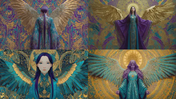美丽天使金色翅膀深紫色长发，华丽蓝绿色长袍，色彩斑斓复杂星金色图案环绕，新艺术风格背景，对称构图，柔焦效果，梦幻光影，柔和高光，浅景深，暖色调，神圣感，优雅，神秘，空灵，细腻纹理，精致细节，唯美，飘逸，神圣光芒，星辰点缀