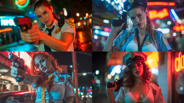 "一位极美的女性，夏季服装，手持玩具枪，摆姿势拍摄头像照片，特警风格制服，流汗，低角度，城市背景，霓虹灯光，浅景深，85mm镜头，动态姿势，硬光，高饱和度，自信表情，现代感，街头风格，暗色调，反光材质，运动感，锐利焦点。"