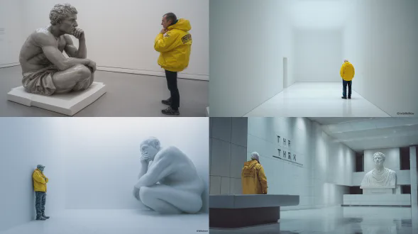 身着黄色夹克的男子立于《思想者》旁，纯白空间，极简构图，高对比光影，超写实风格，冷色调，广角镜头，硬光，静立沉思，雕塑质感，现代艺术感，空旷感，鲜明色彩，深邃氛围