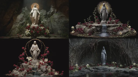 哥特式神圣雕像场景，一尊冰冷灰色的圣母玛利亚雕像立于粗糙石祭坛上，圣水从雕像脚部流出，在岩石上形成小水池，缠绕的荆棘藤蔓包裹着祭坛，深红色玫瑰和纯白色百合花环绕基座，雕像后方放射出金色光环，神圣却不祥的宗教象征，无人，仅有雕像和物体，高对比度光照，超细节纹理，戏剧性、庄严、仪式感氛围，高级书籍封面插画质量