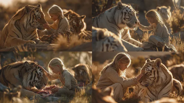 超逼真电影风格野生动物摄影。一6至8岁小女孩轻柔抚摸身旁静静坐着的大型孟加拉虎，老虎放松、眼半闭、呼吸轻、肌肉健硕、皮毛纹理细，暖阳光凸显橙黑条纹。女孩着简浅衣，近距自信天真触虎首。背景另一虎逼真猛吃生肉，颚力足、牙 sharp、肉鲜，部分被景深模糊不抢主景。环境是自然野境，有草石、暖低阳光、柔影。色彩前景暖金，背景自然暗。摄影逼真：焦在女和前虎，浅景深，皮毛、阴影、尘埃颗粒逼真。情感是温柔与原始捕食性对比