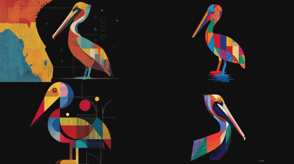 佛罗里达鹈鹕图形，几何形状与简洁线条构成，符号化风格，鲜艳色彩，黑色背景，高对比度，平面设计，矢量艺术，抽象表现，锐利边缘，饱和色调，极简构图，装饰性图案，现代感，视觉冲击力，无阴影，单色背景，色彩碰撞，动态平衡