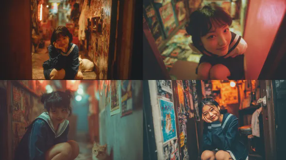 年轻亚裔女子微低头浅笑，传统日式水手校服配牛仔夹克，蹲姿抱膝藏半脸，窥视镜头，脚边猫头露出，半开门缝构图，窄暗走廊暖荧灯光，复古海报杂乱地面，低角度快照，胶片质感柔光，浅景深边缘模糊，怀旧低饱和色调，仿80年代日式摄影风格，森山大道荒木经惟美学，梦幻朦胧亲密氛围