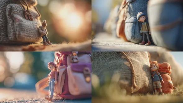 "小小旅者倚靠巨大柔软背包，梦幻场景，微缩视角，浅景深，柔焦效果，温暖日光，柔和阴影，明亮色彩，童趣风格，背包纹理细腻，孩子微笑表情，舒适衣物，童话感氛围，宁静快乐，广角镜头，自然光，低角度拍摄，细节丰富，对比鲜明。"