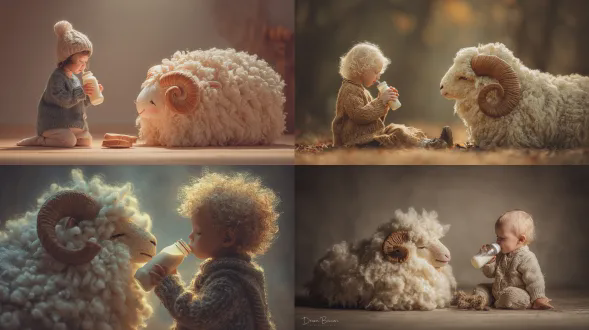 小孩轻啜奶瓶，巨大羊毛羊角面包旁，超现实主义，柔和光线，浅景深，童话风格，温暖色调，毛绒质感，快乐表情，童趣服装，自然光，侧光，广角镜头，微距细节，梦幻背景，柔焦，高饱和度，舒适感，微笑，柔和阴影，明亮色彩，宁静氛围。