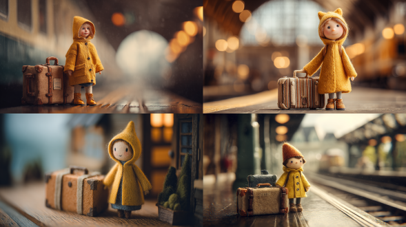 "温馨的羊毛毡火车站台，穿黄色雨衣的小孩站在超大行李箱旁，童话风格，柔和光线，微距镜头，浅景深，暖色调，细腻纹理，快乐表情，安静氛围，柔焦效果，手工质感，复古色调，可爱比例，故事感。"
