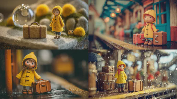 "温馨的针刺毡火车月台，穿黄色雨衣的小孩站在超大行李箱旁，童话风格，对角线构图，柔和光线，浅景深，35mm镜头，微距细节，雨滴效果，明亮色彩，温暖氛围，童趣表情，圆润风格，手工质感，低角度拍摄，水珠反光，怀旧滤镜。"